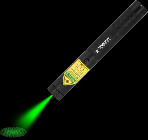 Groene laserpointer G1 Pro met laserstraal en lichtvlek in het donker