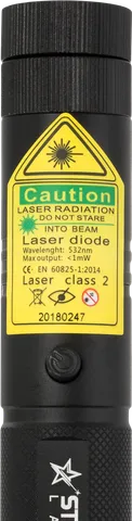 Groene laserpointer G1 Pro – close-up van het waarschuwingslabel met de laserklasse