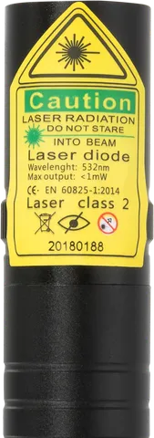 Compacte groene laserpointer G2 Pro – close-up van het waarschuwingslabel met de laserklasse