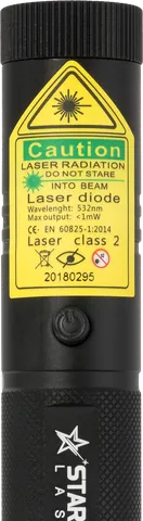 Groene laserpointer G3 Pro – close-up van het waarschuwingslabel met de laserklasse