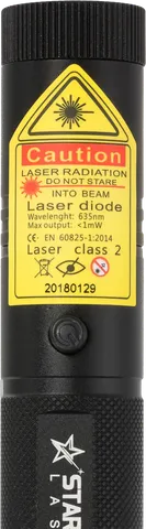 Rode laserpointer R1 Pro – close-up van het waarschuwingslabel met de laserklasse