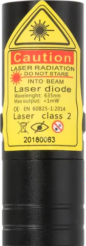 Compacte rode laserpointer R2 Pro – close-up van het waarschuwingslabel met de laserklasse