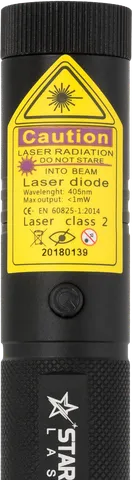 Violette laserpointer V1 Pro – close-up van het waarschuwingslabel met de laserklasse