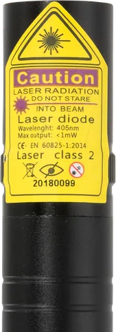 Compacte violette laserpointer V2 Pro – close-up van het waarschuwingslabel met de laserklasse